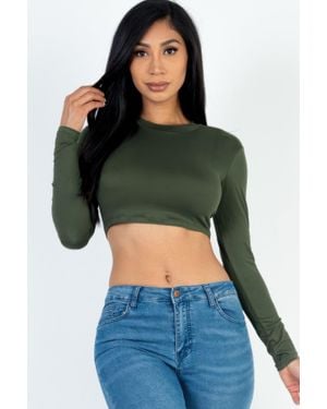 TRUEDAMES Crew Neck Long Sleeve Cropped Top - Green