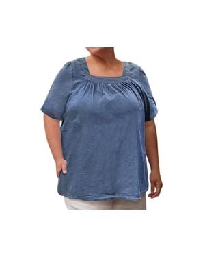 On The Plus Side Chambray Short Sleeve Pop Over Top - Blue