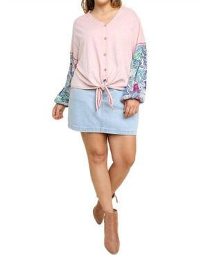 Umgee Paisley Puff Sleeve Knotted Top - Blue