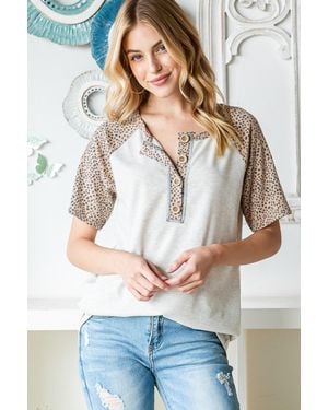 TRUEDAMES Full Size Animal Print Half Button Short Sleeve Top - Gray