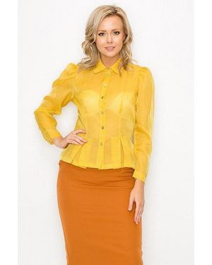 TRUEDAMES Organza Pleated Long Sleeve Blouse - Yellow