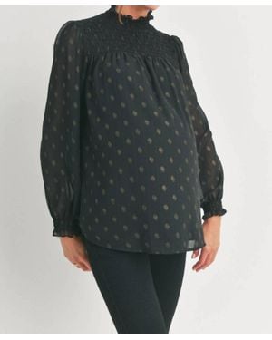 Hello Miss Smocked Mock Neck Polka Dot Maternity Top - Green