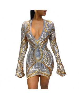 GAJE Sleek Sequin Long Sleeve Bodycon Mini Dress - Black
