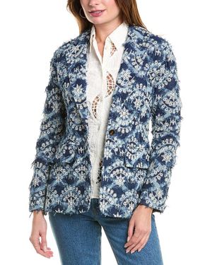 Gracia Floral Embroidered Denim Blazer - Blue