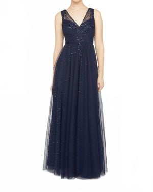 THEIA Kiana Beaded V Neck Gown - Blue