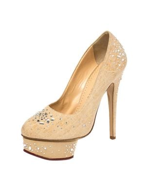 Charlotte Olympia Canvas Crystal Embellished Dolly Platform Pumps - Natural
