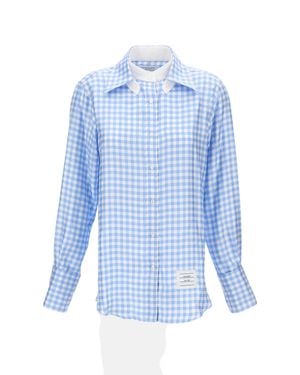 Thom Browne Checked Silk Twill Shirt With Classic Collar And Logo Label - Blue