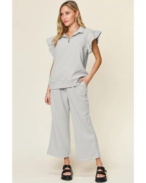 TRUEDAMES Texture Ruffle Short Sleeve Top And Drawstring Wide Leg Pants Set - Natural