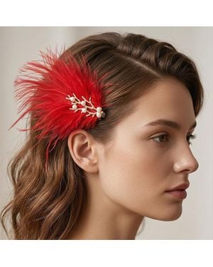 Fashnzfab Pearl Accent Metal Branch Lightweight Feather Embellished Hair Clip - Brown