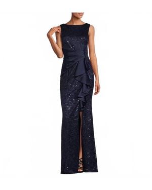 Eliza J Sequin Lace Boat Neck Sleeveless Ruffle Front Slit Long Gown - Blue