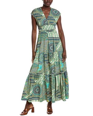 Gracia Printed V Neck Cap Sleeve Tiered Maxi Dress - Green