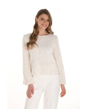 FRANK LYMAN Whisper Long Drape Sleeve Sparkle Top - Natural