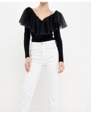 Endless Rose Mixed Media Mesh Ruffle Top - Black