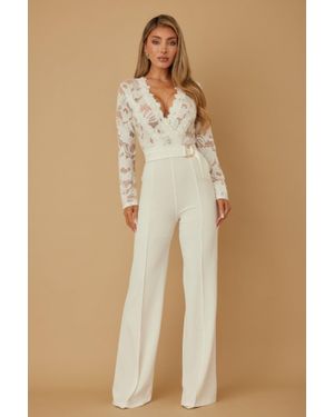 TRUEDAMES Lace Crochet Long Sleeve Jumpsuit - Natural