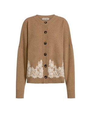 Alberta Ferretti Camel Cashmere Lace Cardigan - Natural