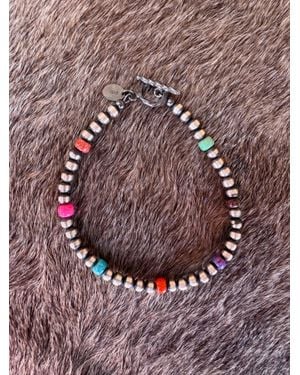 Nizhoni Traders Handcrafted Fire Opal Collection & Sterling Pearl 4Mm Beaded Bracelet 7" - Purple