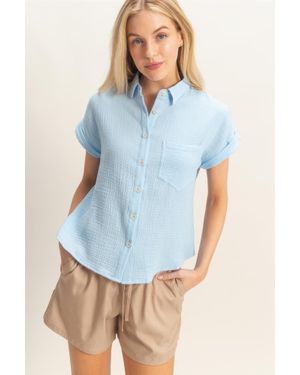 TRUEDAMES Rolled Sleeve Button-Up Top - Blue