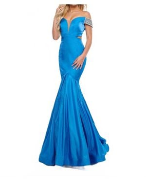 Rachel Allan Luster Satin Off-Shoulder Mermaid Gown - Blue