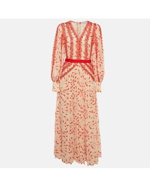 Self-Portrait Cream/ Printed Chiffon Guipure Lace Trim Plisse Dress - Orange