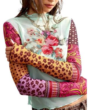 Mccolin Floral Mixed Pattern Sleeve Top - Red