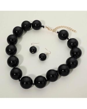 Fashnzfab Chunky Ball Beaded Statement Necklace - Black
