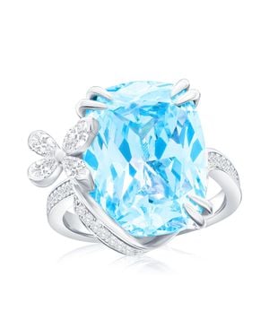 Suzy Levian Sterling Gala Firework Elongated Cushion Cut Aqua & Cubic Zirconia Butterfly Ring - Blue