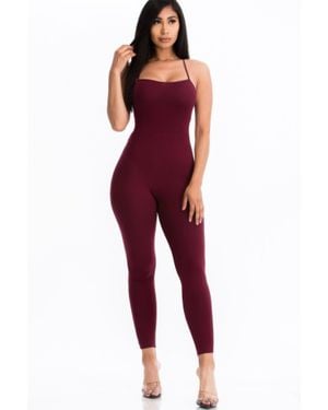 TRUEDAMES Criss-Cross Open Back Bodycon Jumpsuit - Red