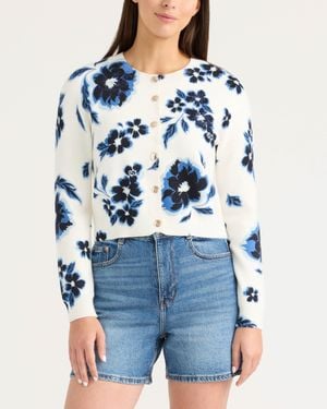 Ellen Tracy Ellen Trancy Floral Printed Button Front Cardigan - Blue