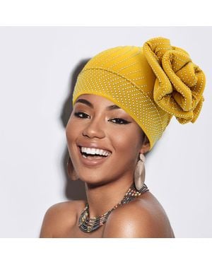 Fashnzfab Bling Studded Flower Pointed Turban Hat - Yellow