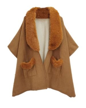 TRUEDAMES Faux Fur Collar Kimono - Brown