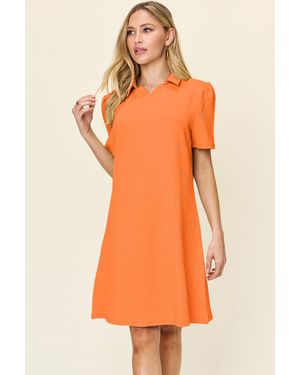 TRUEDAMES Full Size Texture Collared Neck Short Sleeve Dress - Orange