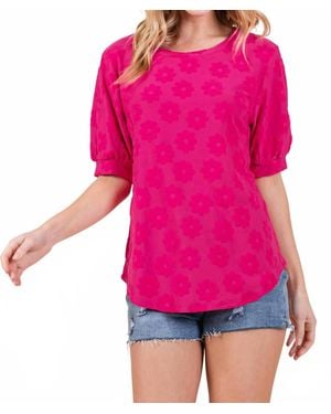 BOMBOM Daisy Embroidered Puff Sleeve Top - Pink