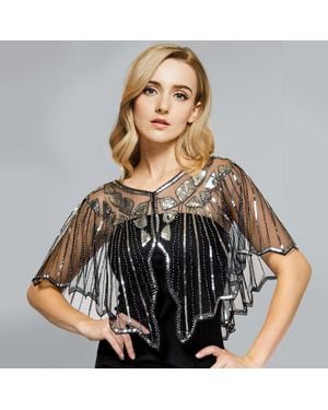 TRUEDAMES Sequin Embellished Cape Shawl - Black