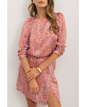 TRUEDAMES Tomato Leopard Print Long Sleeve Hollowed Back Split Mini Dress - Red