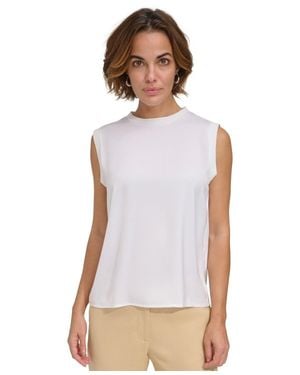 DKNY Tank Top Satin Rib-Trim Crew Neck Sleeveless Pullover Fts1332 - White