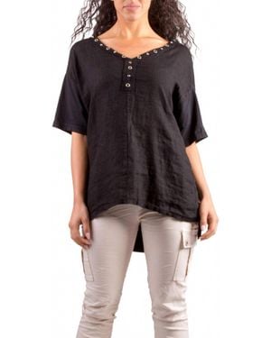 Gigi Moda Aldina Linen V-Neck Top - Black