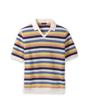 Paul Fredrick Cotton Crochet V-Neck Polo - Blue