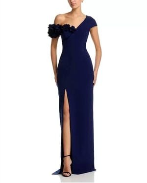 Teri Jon Stretch Crepe 3D Flower Asymmetric Neck Gown - Blue