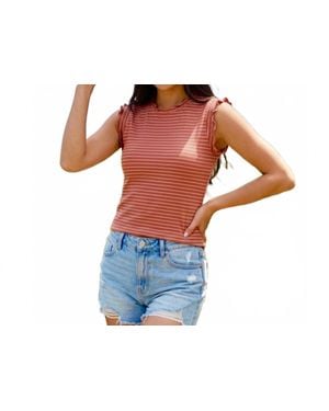 Le Miel Boho Ribbed Ruffle Trim Striped Tank Top - Blue