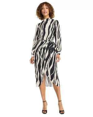 Maggy London Midi Dress Animal Print Turtleneck Tie Waist Fts1453 - White