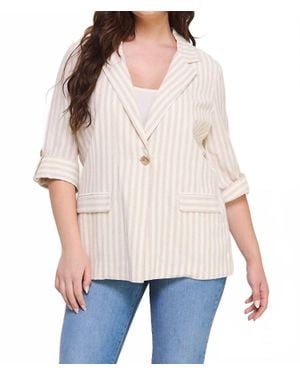 Allie Rose Striped 3/4 Roll Tab Sleeve Jacket - White