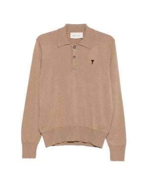 Ami Paris Long-Sleeve Polo Shirt With Classic Collar And Embroidered Logo - Natural