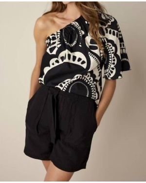 Summum One Shoulder Flower Top - Black