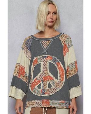 Pol Crew Neck Printed Peace Patch Overlock Stitch Knit Top - Gray
