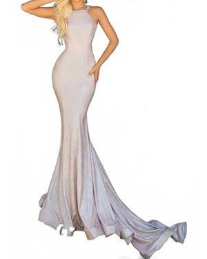 Clarisse Halter Glittery Open Back Gown - White