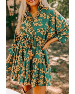 TRUEDAMES Floral Print Drawstring Tunic Flowy Short Dress - Green