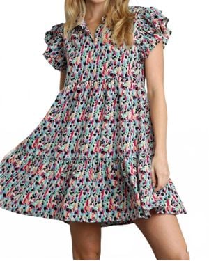 Umgee Abstract Ruffled Sleeve Tiered Short Dress - Black