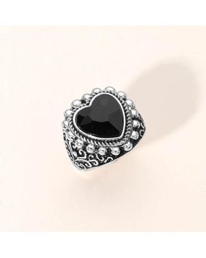 Fashnzfab Antique Metal Heart Stone Stretch Ring - Black