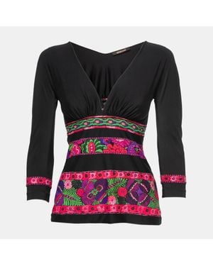 Roberto Cavalli Floral Printed Jersey V-Neck Top - Black
