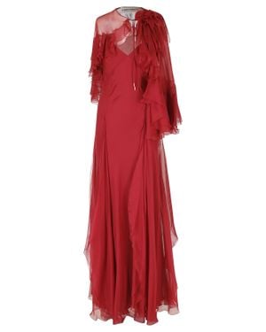 Alberta Ferretti Chiffon Detachable Flower Cape Overlay Silk Dress - Red